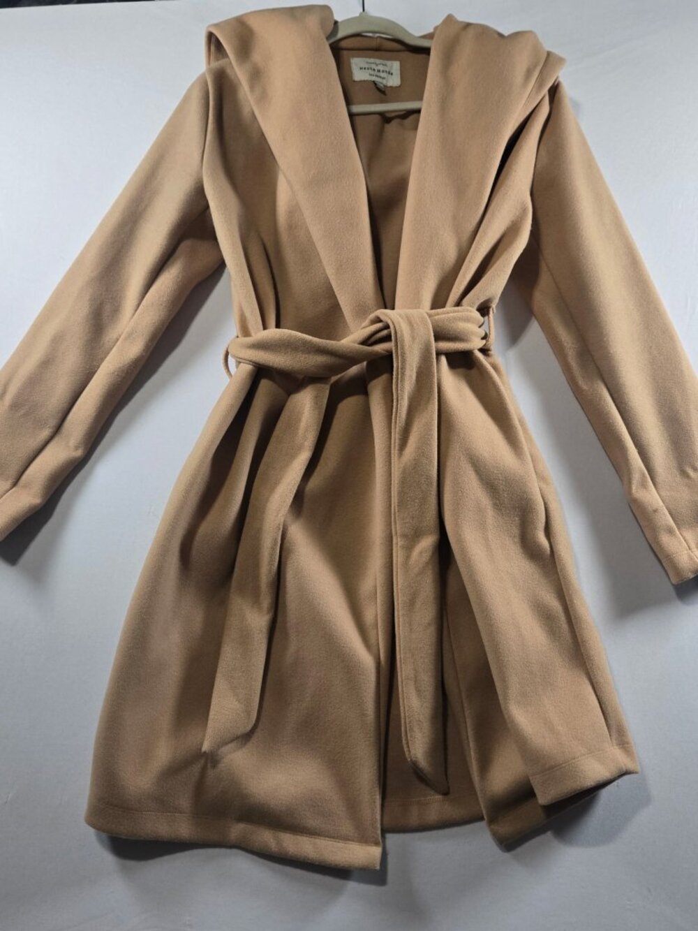 Haute Monde Women's L Camel Hooded Belted Wrap Coat Long Jacket